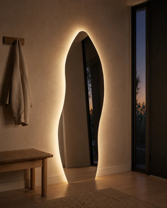 Allira LED full length mirror glowing in an entry at dusk