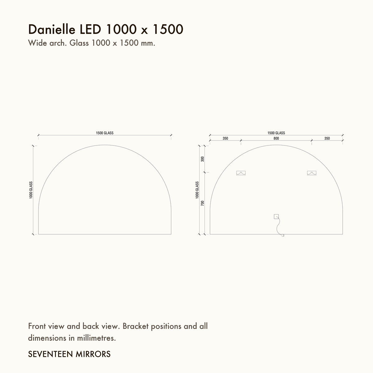 Danielle LED Wall Mirror - 1000 x 1500 dimensions and mounting drawing
