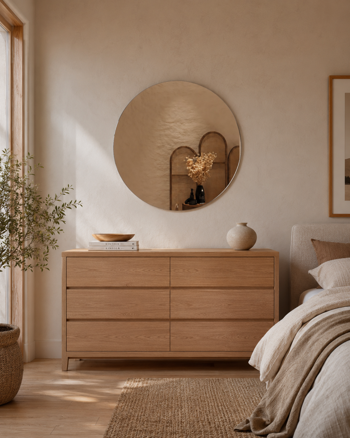 Jasmine frameless round wall mirror styled above a timber dresser in a warm bedroom