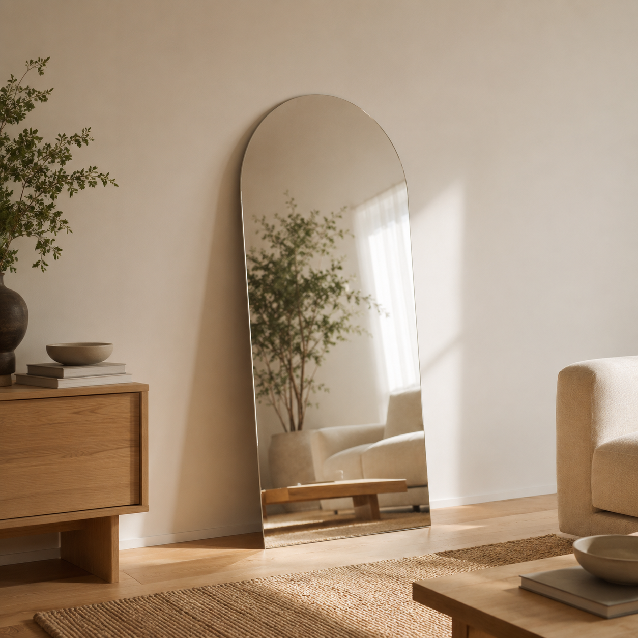 Sienna frameless arch mirror 1800 x 850 leaning in a warm living room
