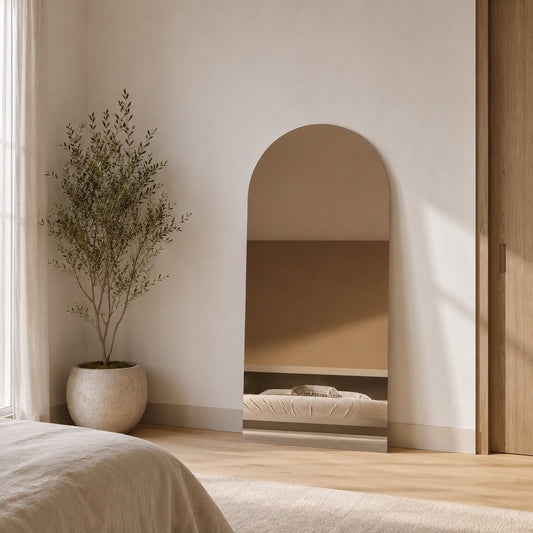 Sienna Frameless Arch Mirror - 1800 x 850 in Frameless, styled in a room