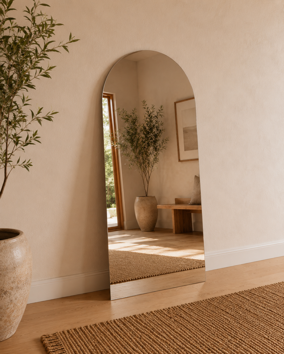 Vittoria frameless arch wall mirror leaning against a wall in a warm entryway