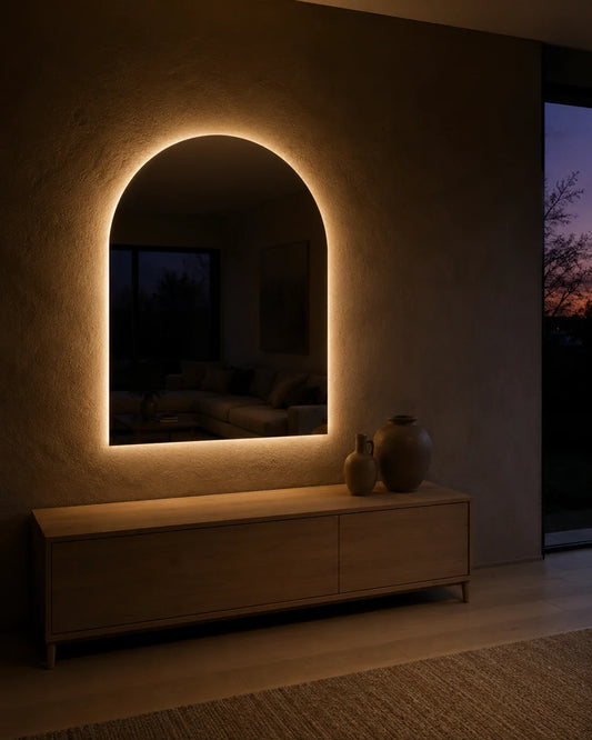 Vittoria LED arch mirror glowing above a low timber console at dusk