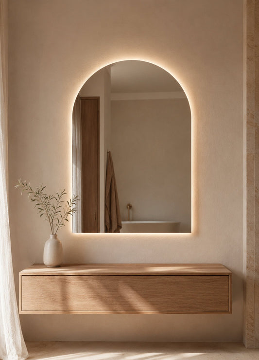 Vittoria LED Wall Mirror - 1100 x 900 in Frameless LED, styled in a room