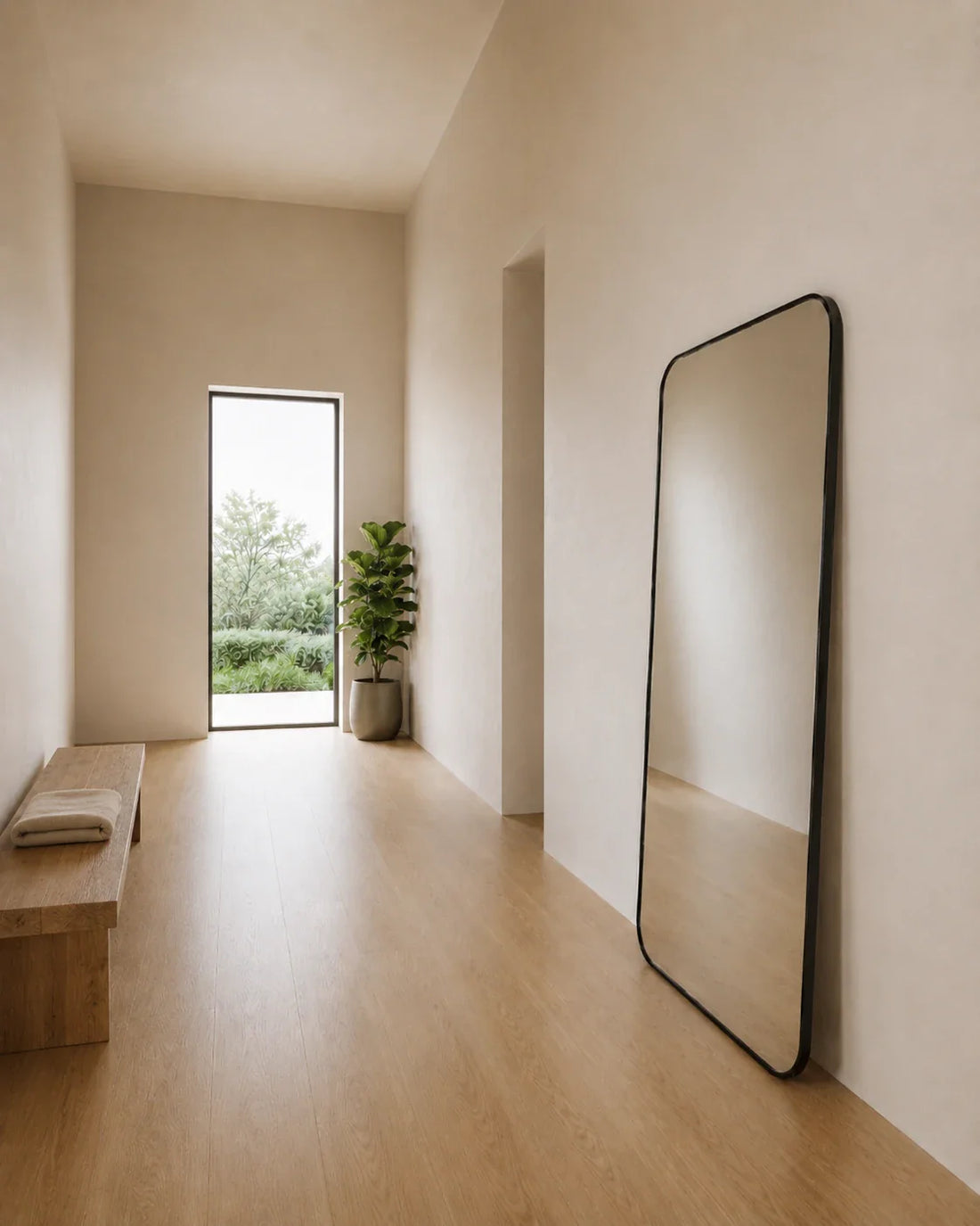 Cecelia rectangle full length mirror leaning along a timber hallway