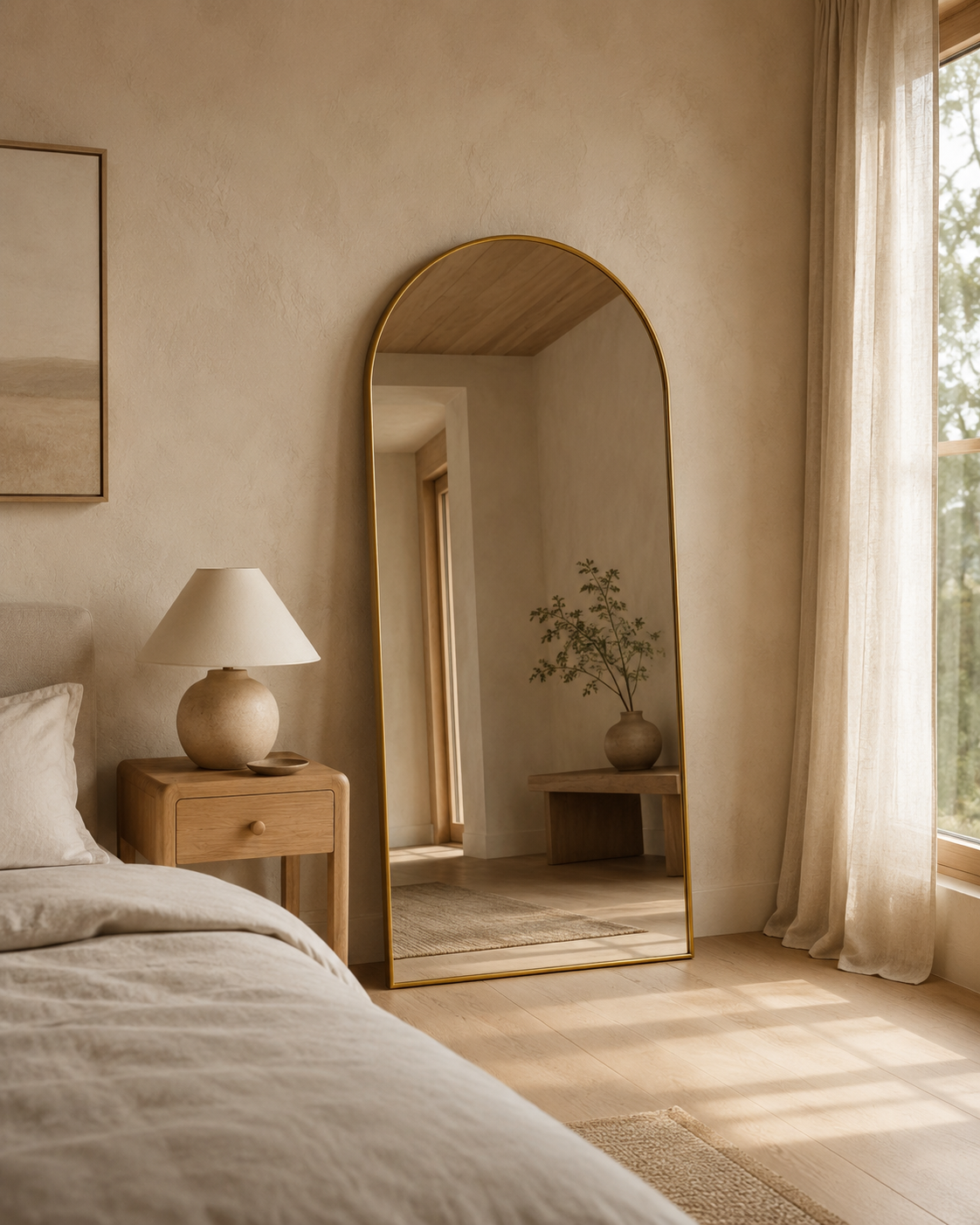 Sienna arch full length mirror in Antique Copper, styled leaning in a bedroom