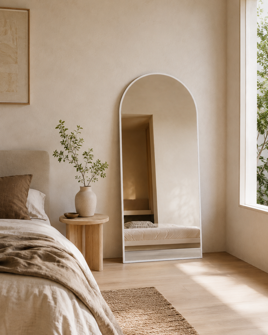 Sienna arch full length mirror in White Satin, styled in a bedroom