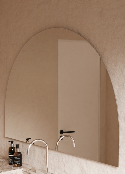 Danielle frameless D-shape mirror polished edge detail, close up