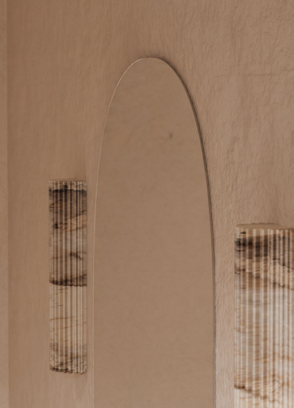Elena frameless pill mirror polished edge detail, close up