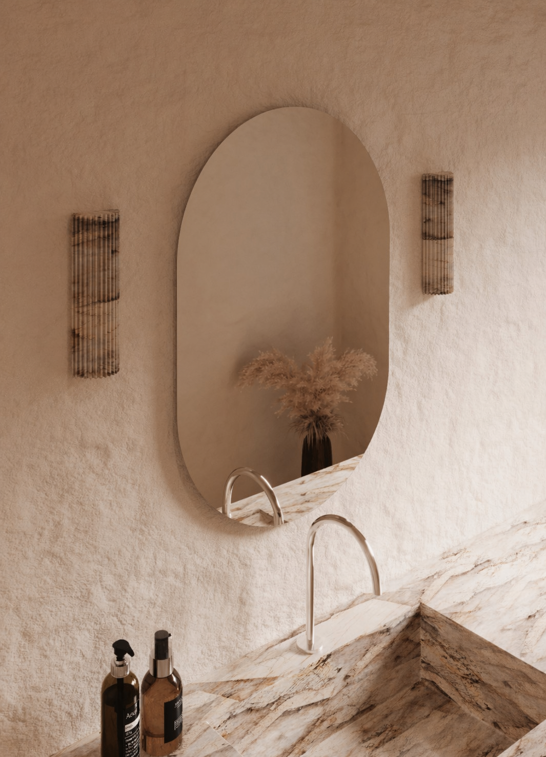 Elena frameless pill wall mirror 900 x 600, angled left