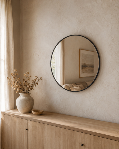 Jasmine round wall mirror in Matte Black, styled above a console table
