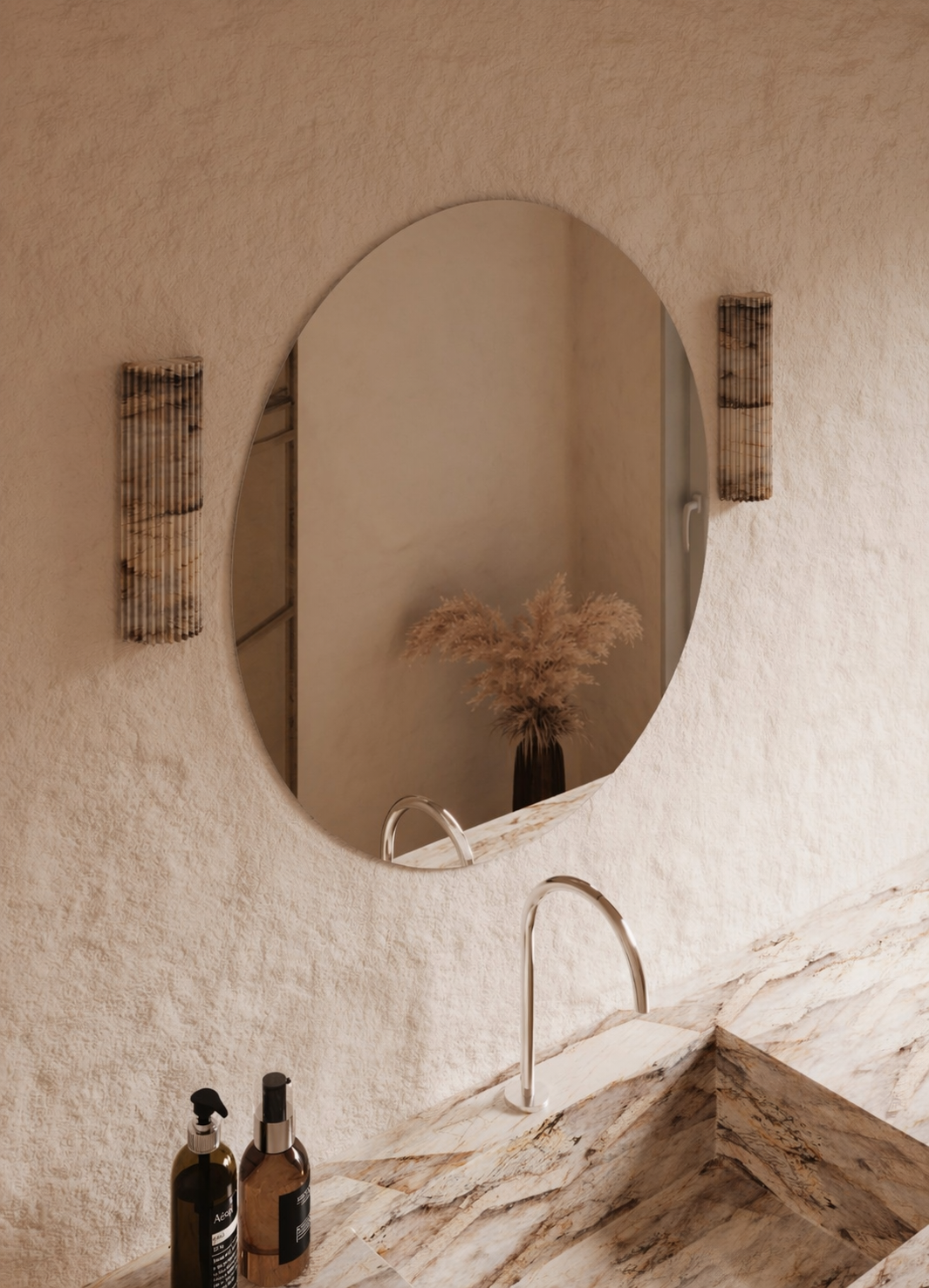 Jasmine frameless round wall mirror 800mm, angled left