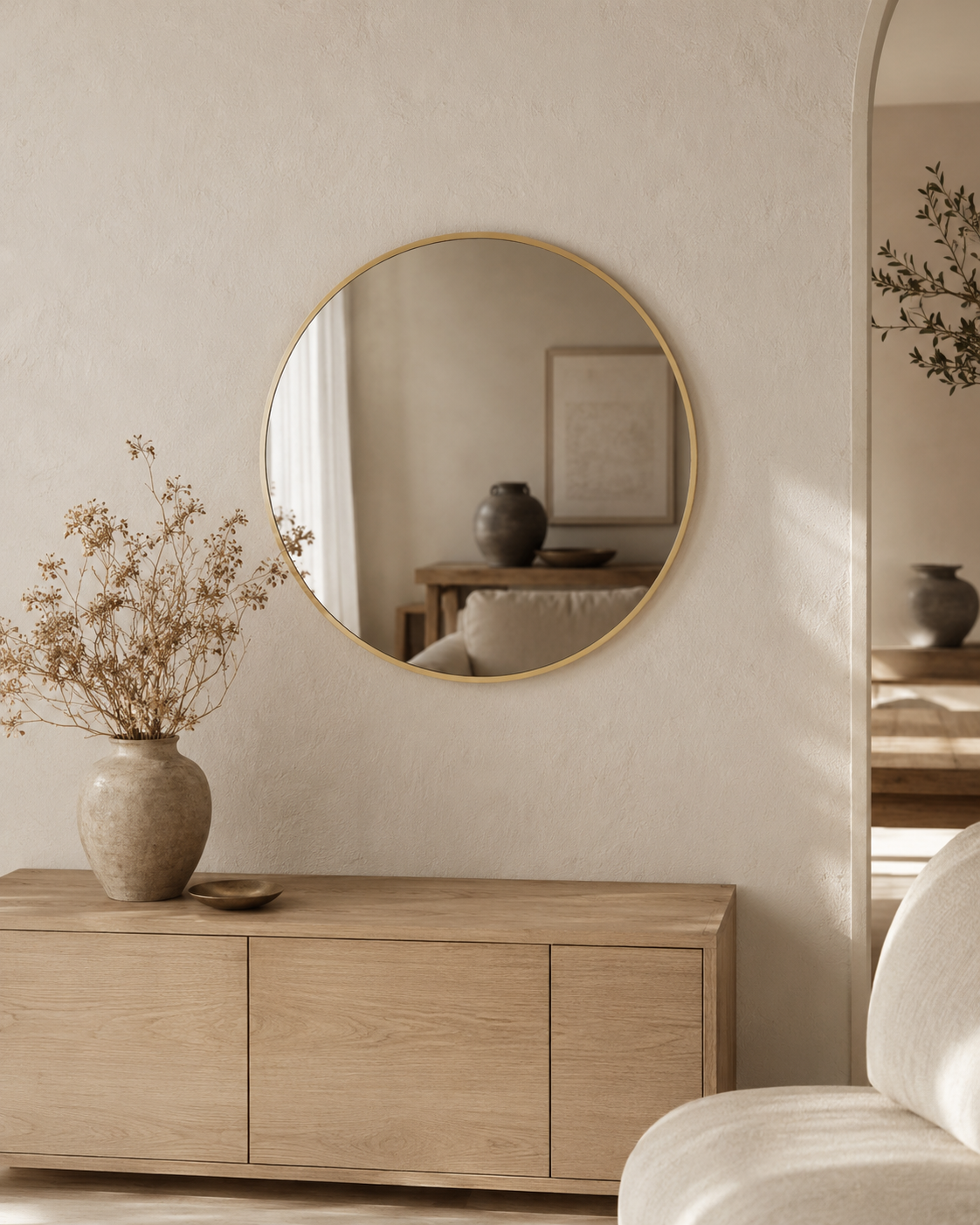 Jasmine round wall mirror in Brushed Gold, styled above a sideboard in a living room