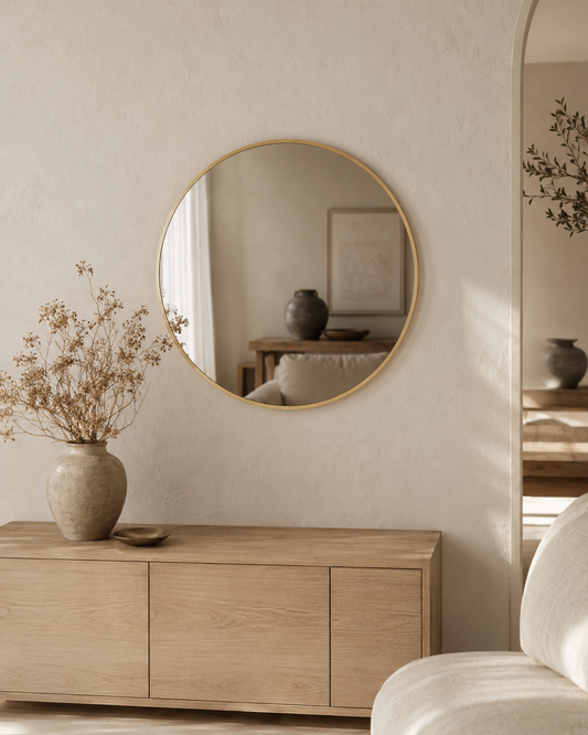 Jasmine round wall mirror in Brushed Gold, styled above a sideboard in a living room