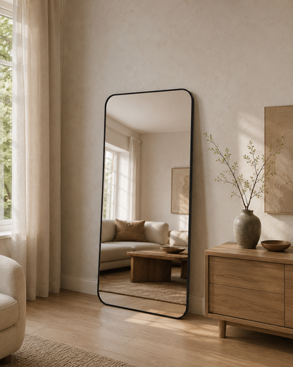 Cecelia rectangle full length mirror in Matte Black, styled in a living room