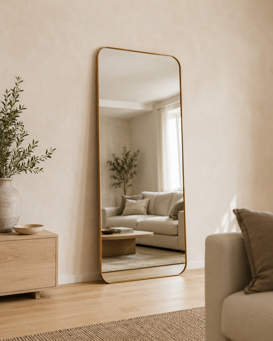 Cecelia rectangle full length mirror in Antique Copper, styled in a living room