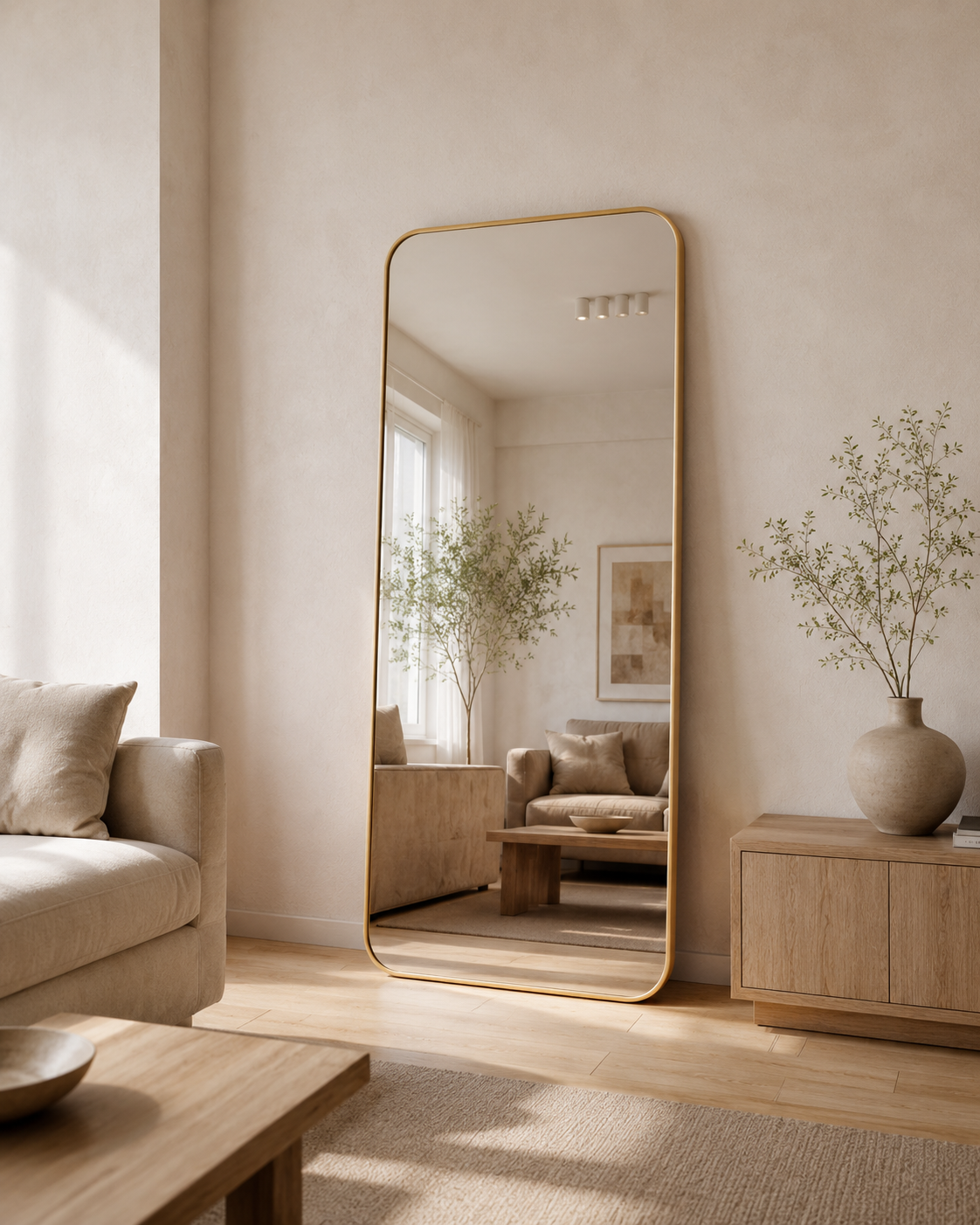 Cecelia rectangle full length mirror in Brushed Gold, styled in a living room