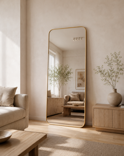 Cecelia rectangle full length mirror in Brushed Gold, styled in a living room