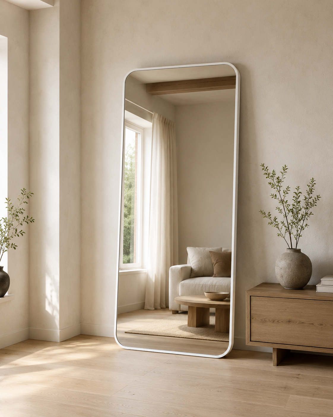 Cecelia rectangle full length mirror in White Satin, styled in a living room