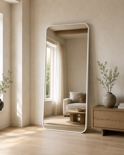 Cecelia rectangle full length mirror in White Satin, styled in a living room