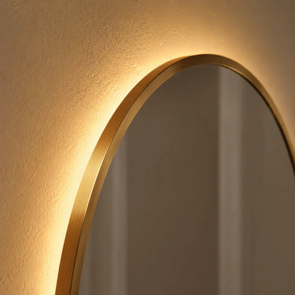 Sienna Copper LED Arch Mirror close-up of the Antique Copper frame edge and LED glow