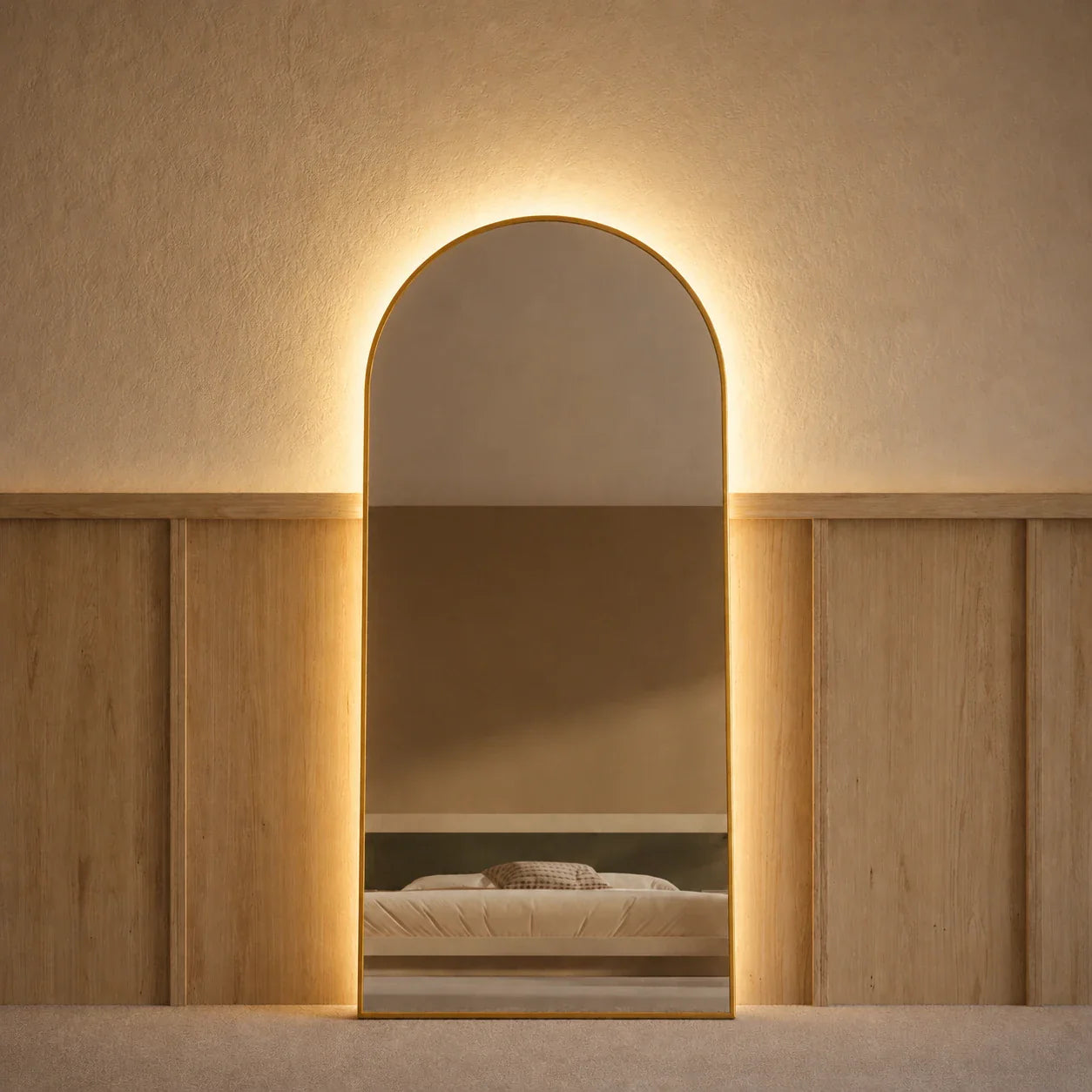 Sienna Copper LED Arch Mirror 1800 x 850, front view, Antique Copper frame with the backlight glowing