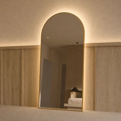 Sienna Copper LED Arch Mirror 1800 x 850, angled right view, Antique Copper frame with the backlight glowing