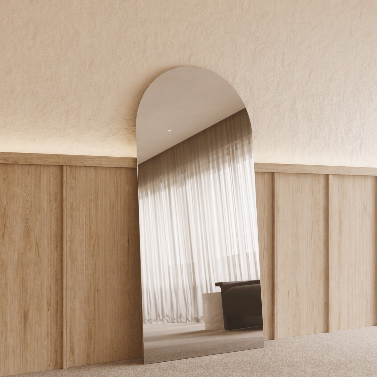 Sienna frameless arch mirror 1800 x 850, polished edge, angled left