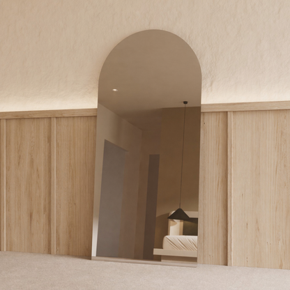 Sienna frameless arch mirror 1800 x 850, polished edge, angled right
