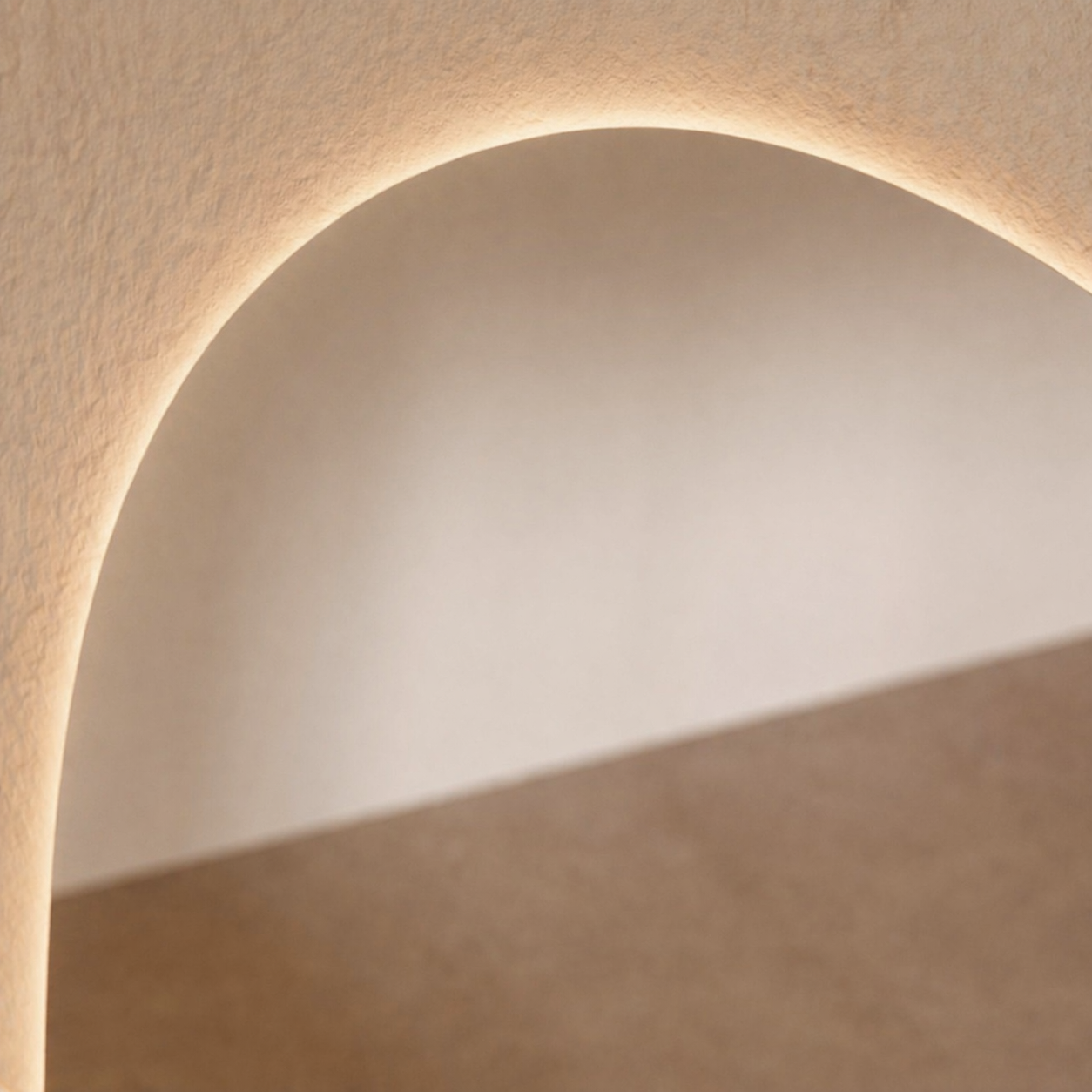 Sienna LED backlit arch mirror edge glow detail, close up