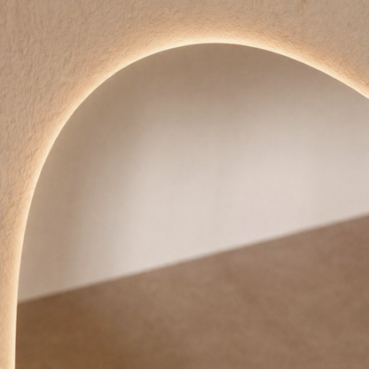Sienna LED backlit arch mirror edge glow detail, close up