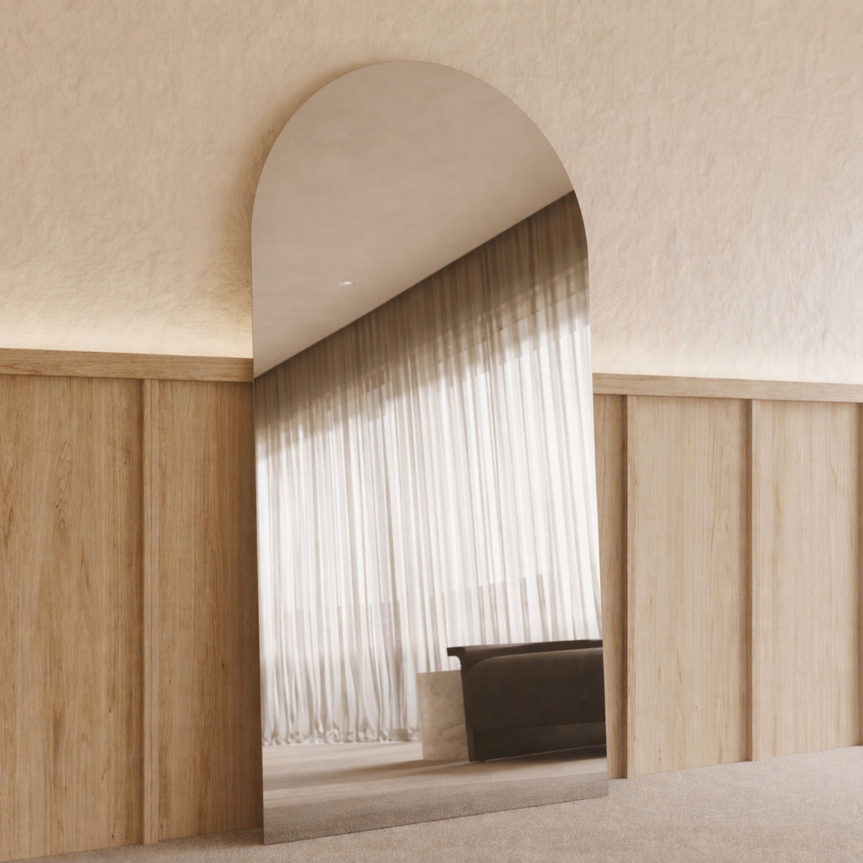 Sienna frameless arch mirror 2000 x 1100, polished edge, angled left