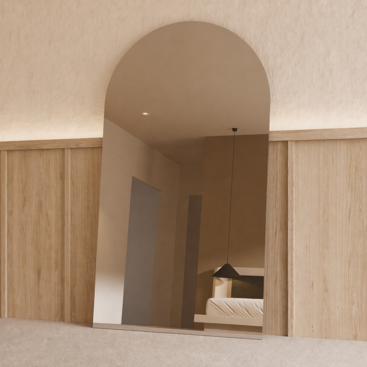Sienna frameless arch mirror 2000 x 1100, polished edge, angled right