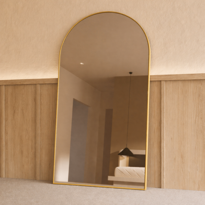 Sienna oversized arch mirror 2000 x 1100 in Brushed Gold, angled right