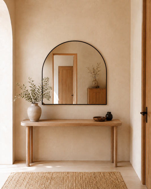 Vittoria arch wall mirror in Matte Black, styled above a console in an entryway