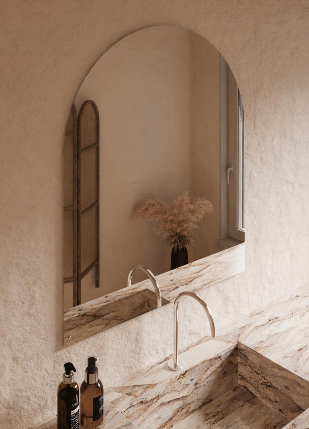 Vittoria frameless arch wall mirror 1100 x 900, angled left