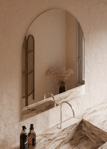 Vittoria frameless arch wall mirror 1100 x 900, angled left