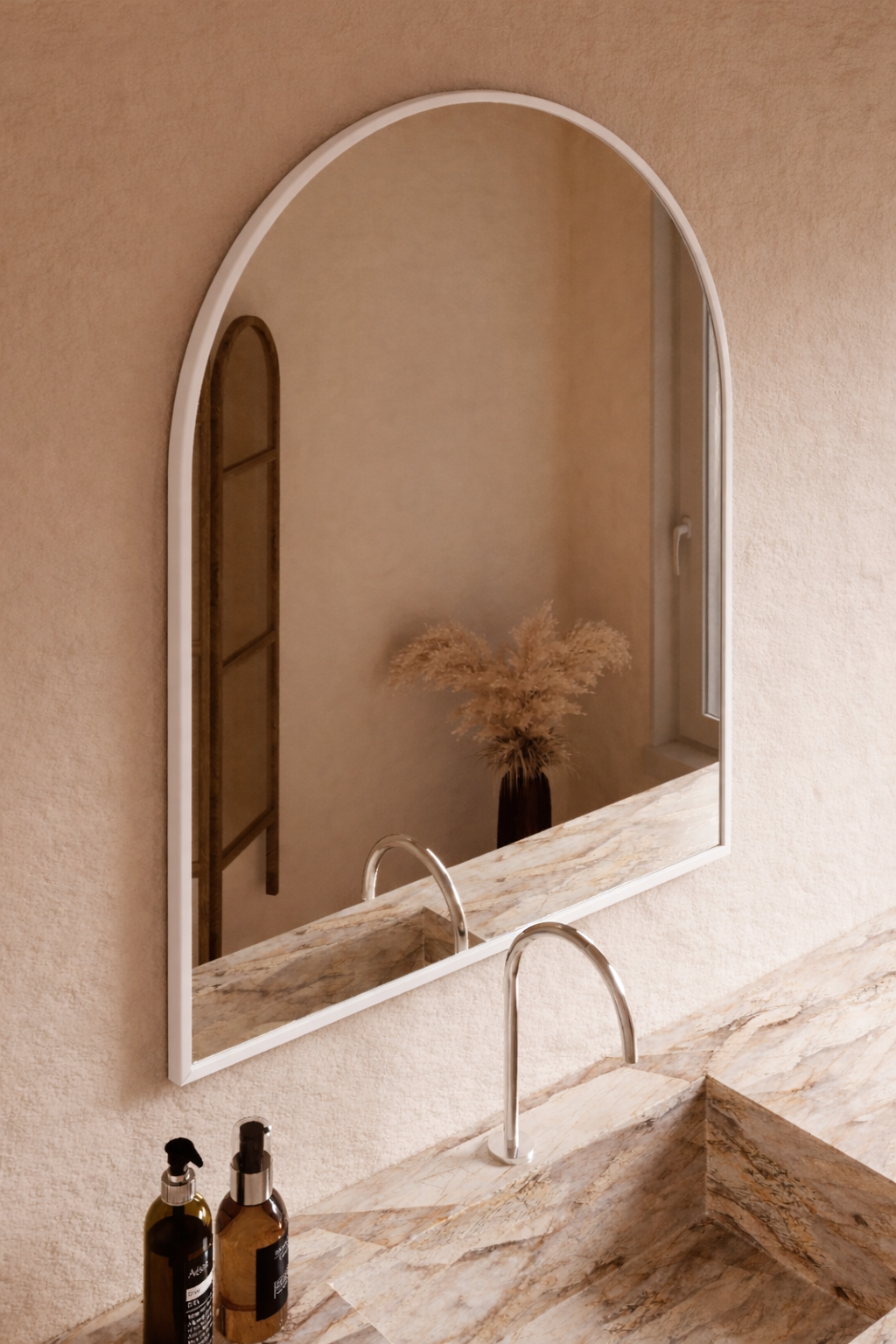 Vittoria arch wall mirror 1100 x 900 in White Satin, angled left