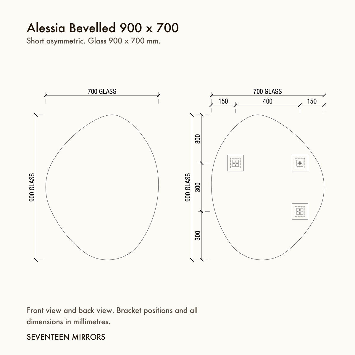 Alessia Bevelled Wall Mirror - 900 x 700 dimensions and mounting drawing