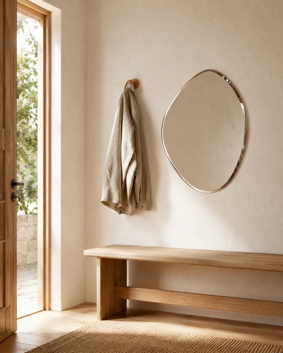 Alessia asymmetric wall mirror above a timber entry bench