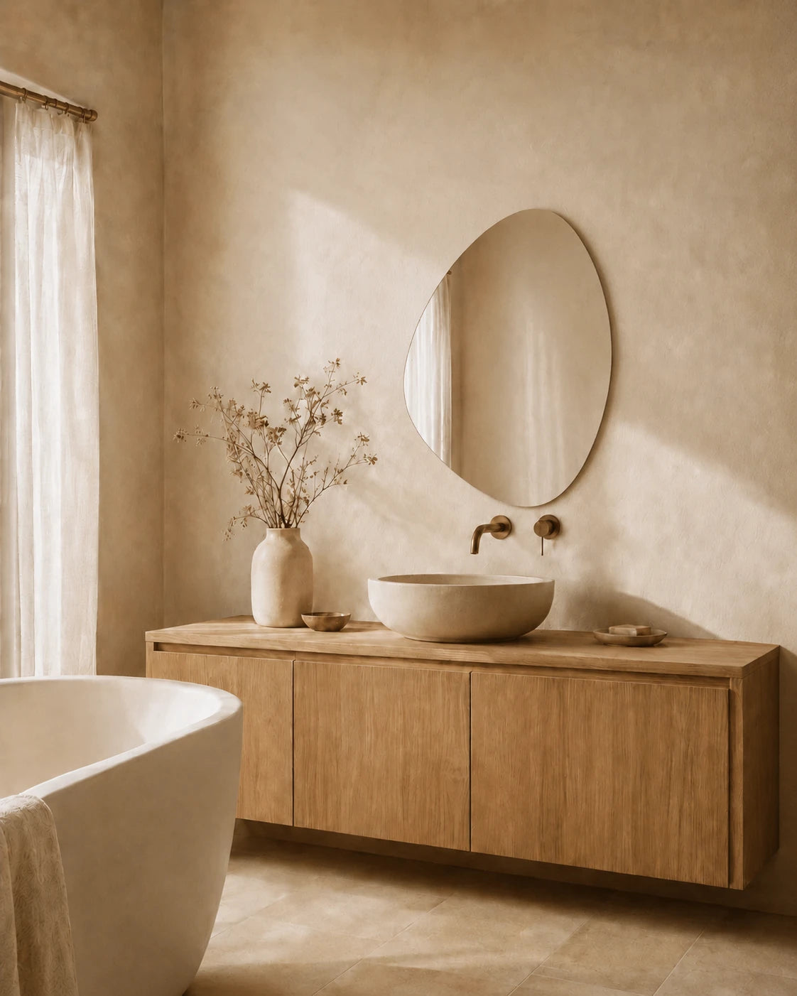 Alessia asymmetric wall mirror above a stone basin beside the bath