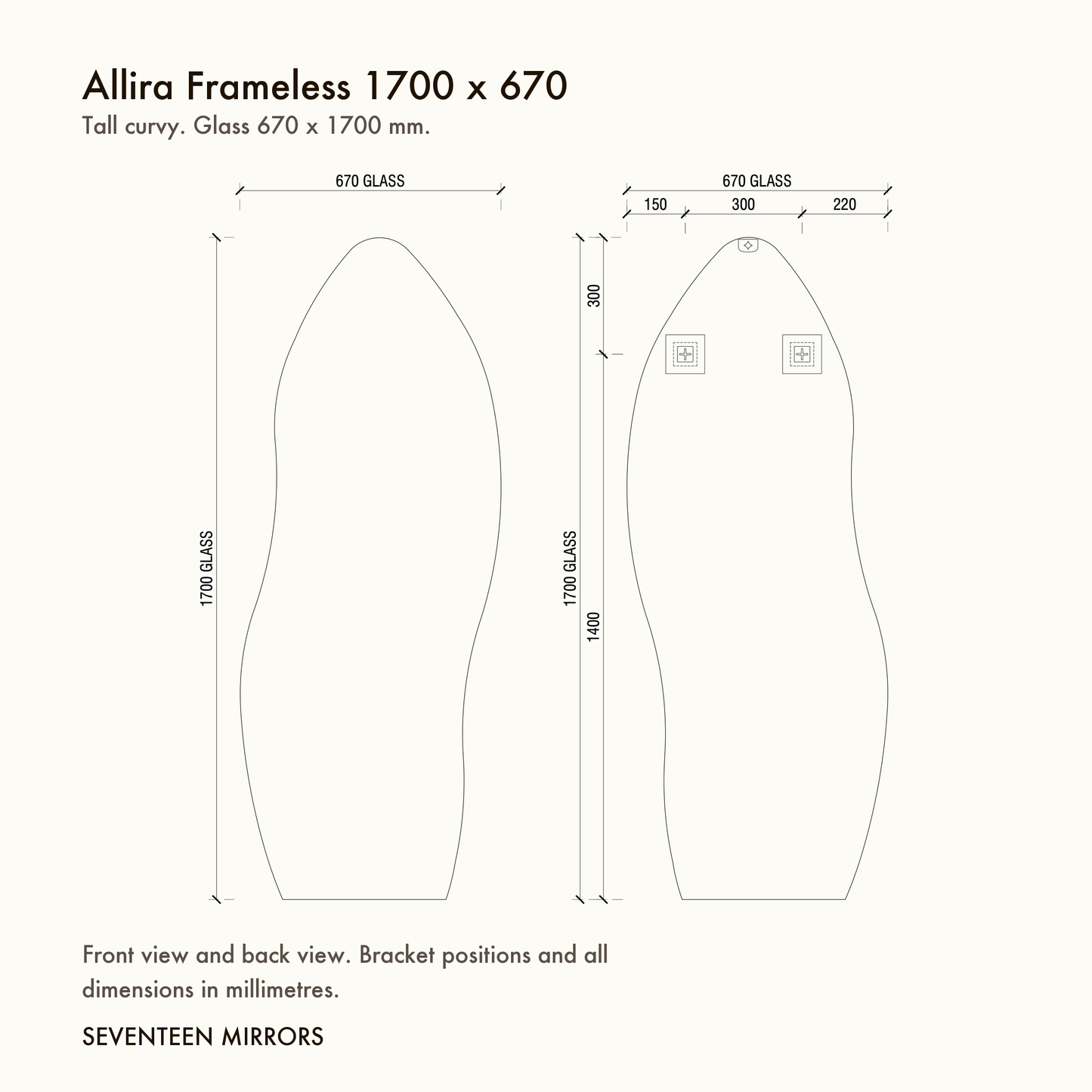 Allira Frameless Full Length Mirror - 1700 x 670 dimensions and mounting drawing