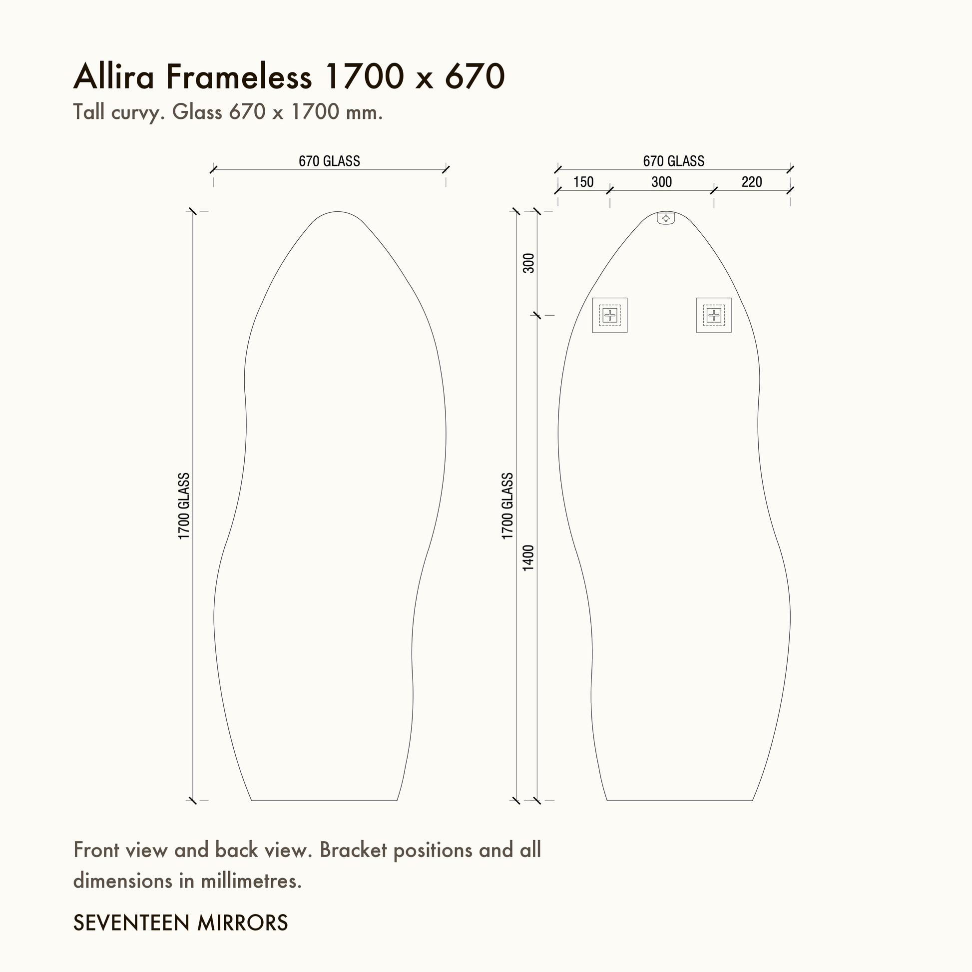 Allira Frameless Full Length Mirror - 1700 x 670 dimensions and mounting drawing