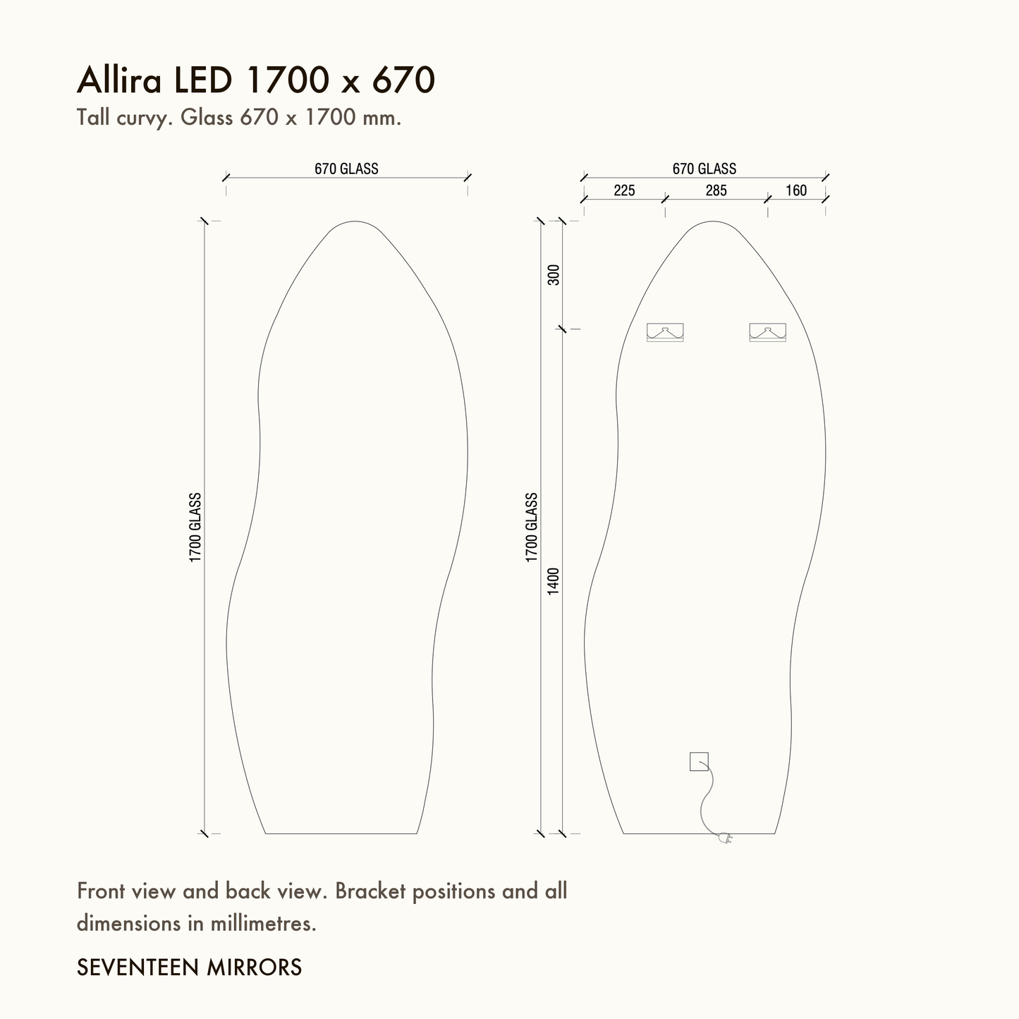 Allira LED Full Length Mirror - 1700 x 670 dimensions and mounting drawing