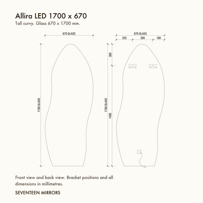 Allira LED Full Length Mirror - 1700 x 670 dimensions and mounting drawing