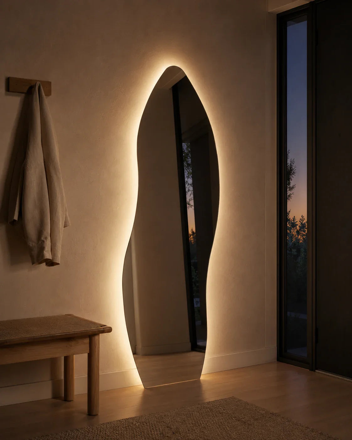 Allira LED full length mirror glowing in an entry at dusk