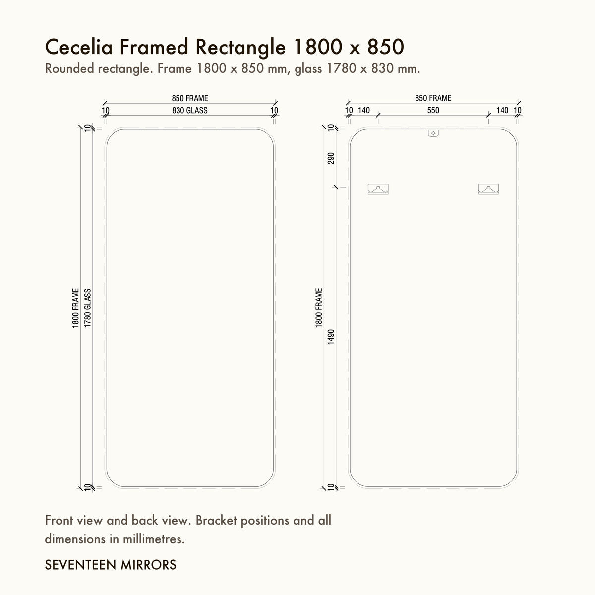 Cecelia Framed Rectangle Mirror - 1800 x 850 dimensions and mounting drawing