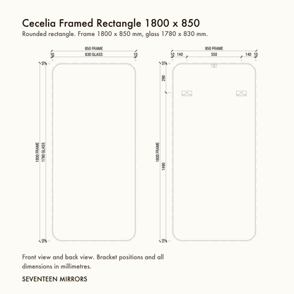 Cecelia Framed Rectangle Mirror - 1800 x 850 dimensions and mounting drawing