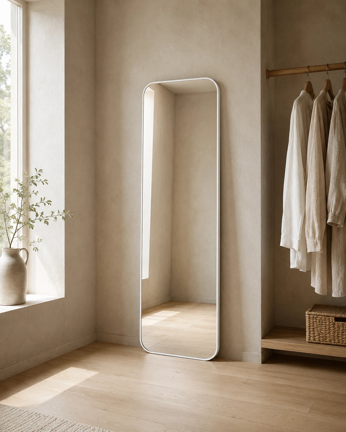 Cecelia rectangle full length mirror leaning beside an open wardrobe