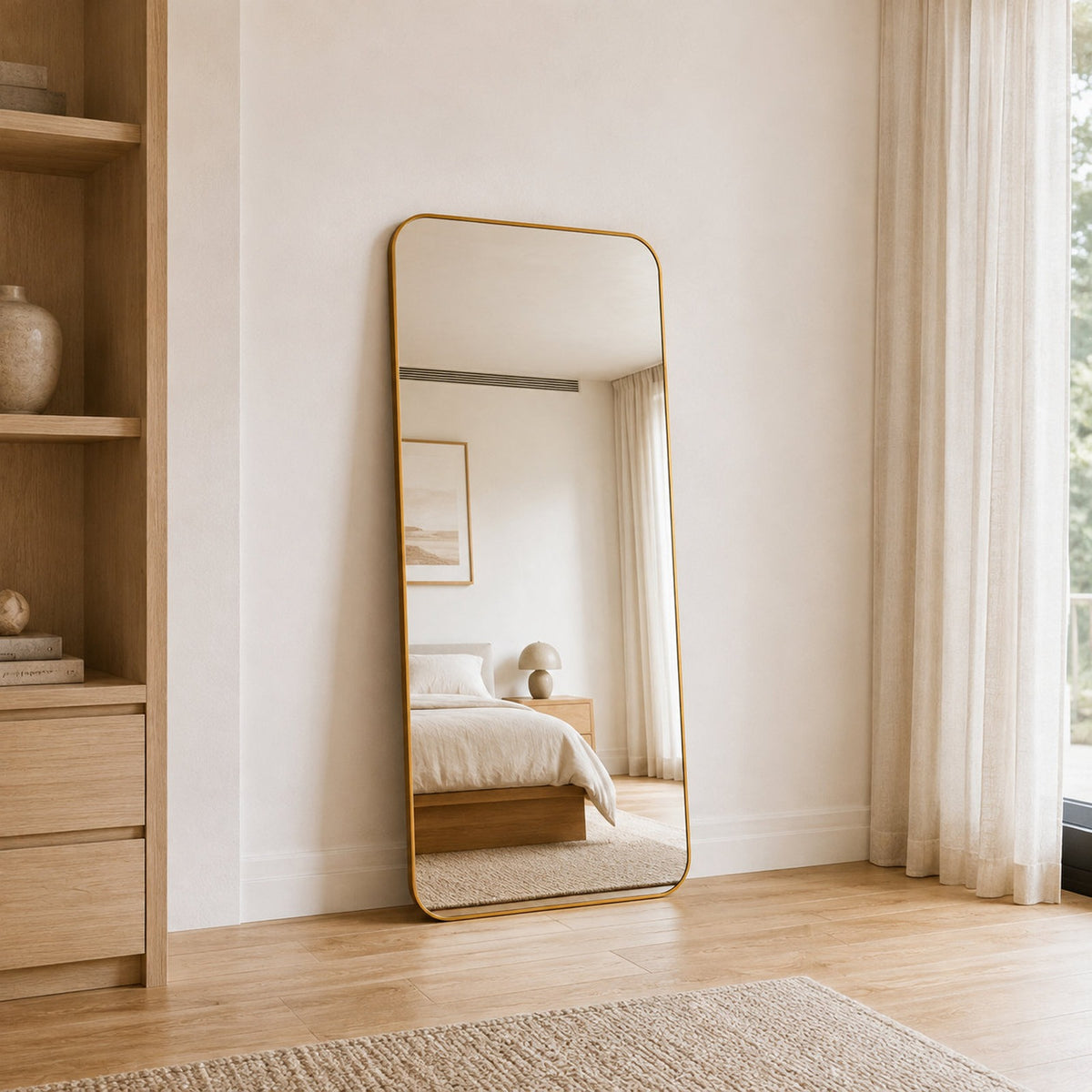 Cecelia Framed Rectangle Mirror - 1800 x 850 in Antique Copper, styled in a room